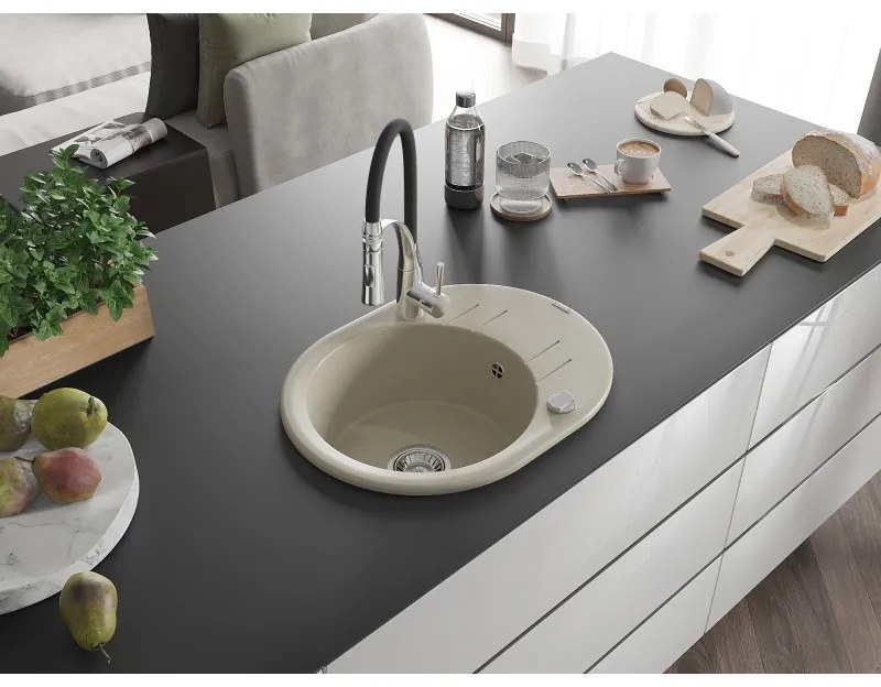 Mexen Kevin, 1-komorový granitový drez 586x458x190 mm a drezová batéria Aster, béžová, 6517-69-73450-07