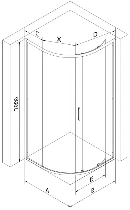 Mexen Exo, štvrťkruhový sprchovací kút s posuvnými dverami 70 x 70 cm, 6mm číre sklo, čierny profil, 8131-070-070-70-00