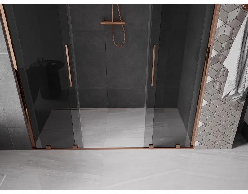 Mexen Velar Duo, posuvné sprchové dvere do otvoru 180 cm, 8mm šedé sklo, ružové zlato, 871-180-000-42-60