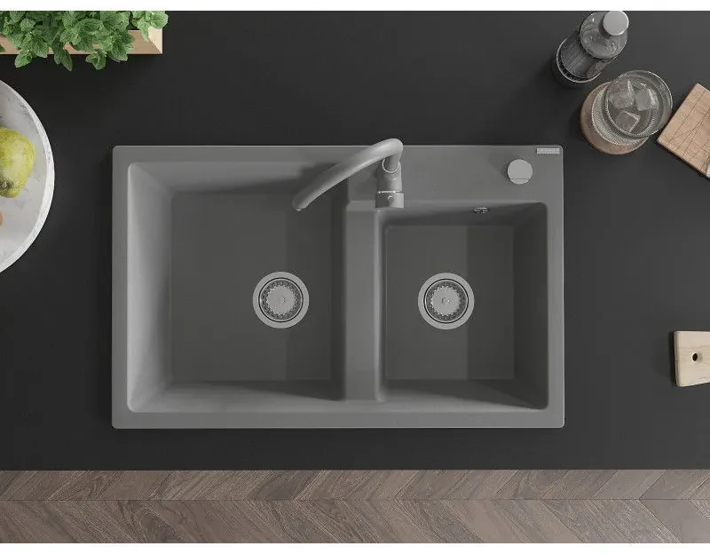 Mexen Tomas, granitový drez 800x500x190 mm, 2-komorový a šedá batéria Telma, šedá, 6516-71-670200-71