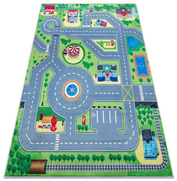 Detský koberec protišmykový BAMBINO 9028 mesto, zelený / sivý