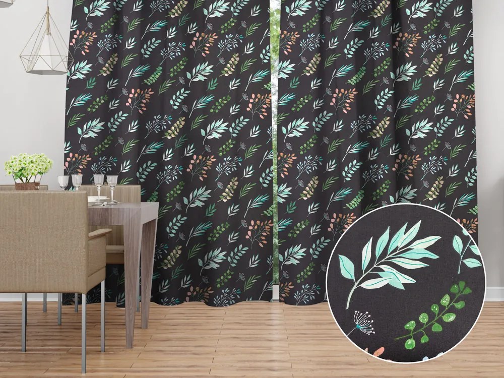 Biante Bavlnený záves Sandra SA-556 Vetvičky s lístkami na čiernom 150x260 cm