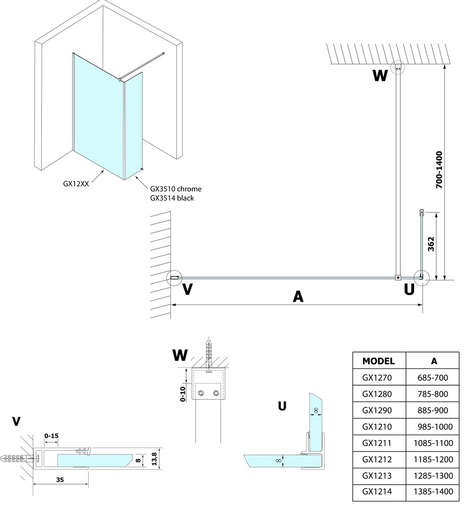 Gelco Gelco, VARIO prídavný panel 350 mm, číre sklo, čierná, GX3514