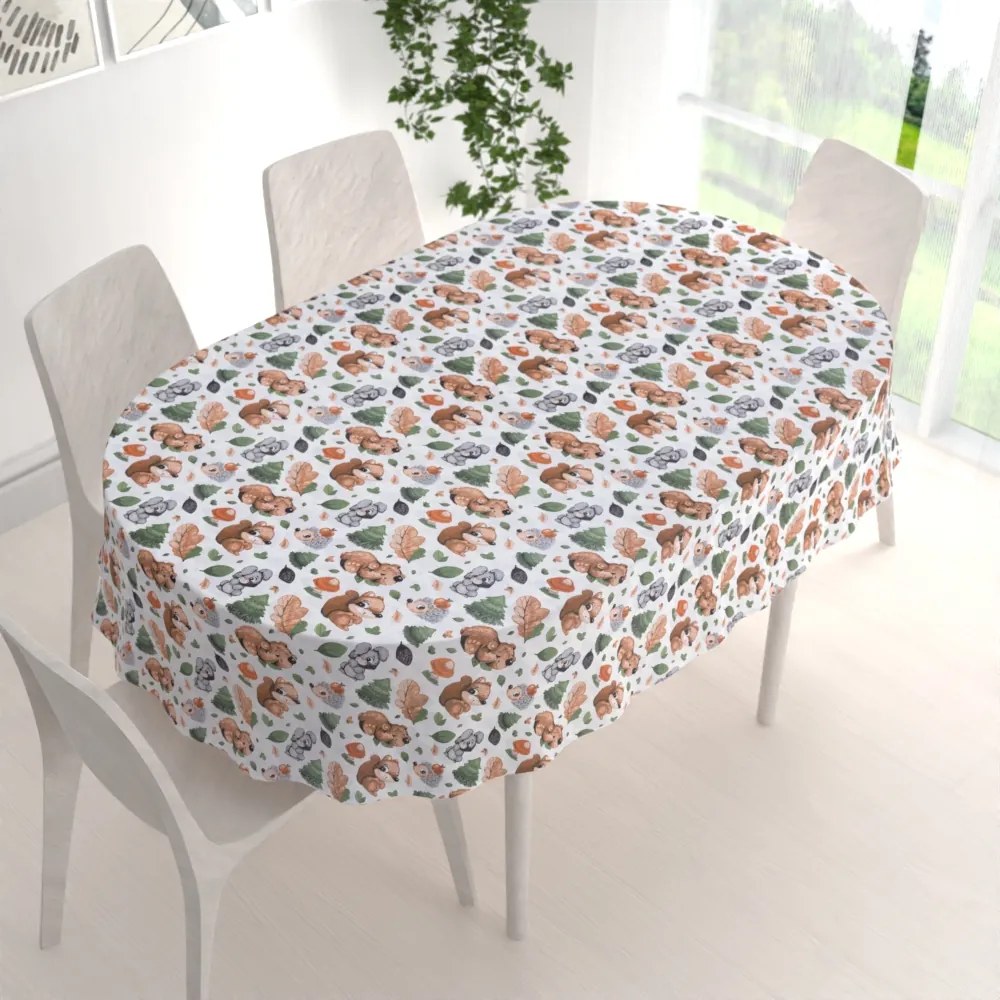 Biante Detský bavlnený oválny obrus Sandra SA-282 Veveričky a lesní kamaráti 140x160 cm