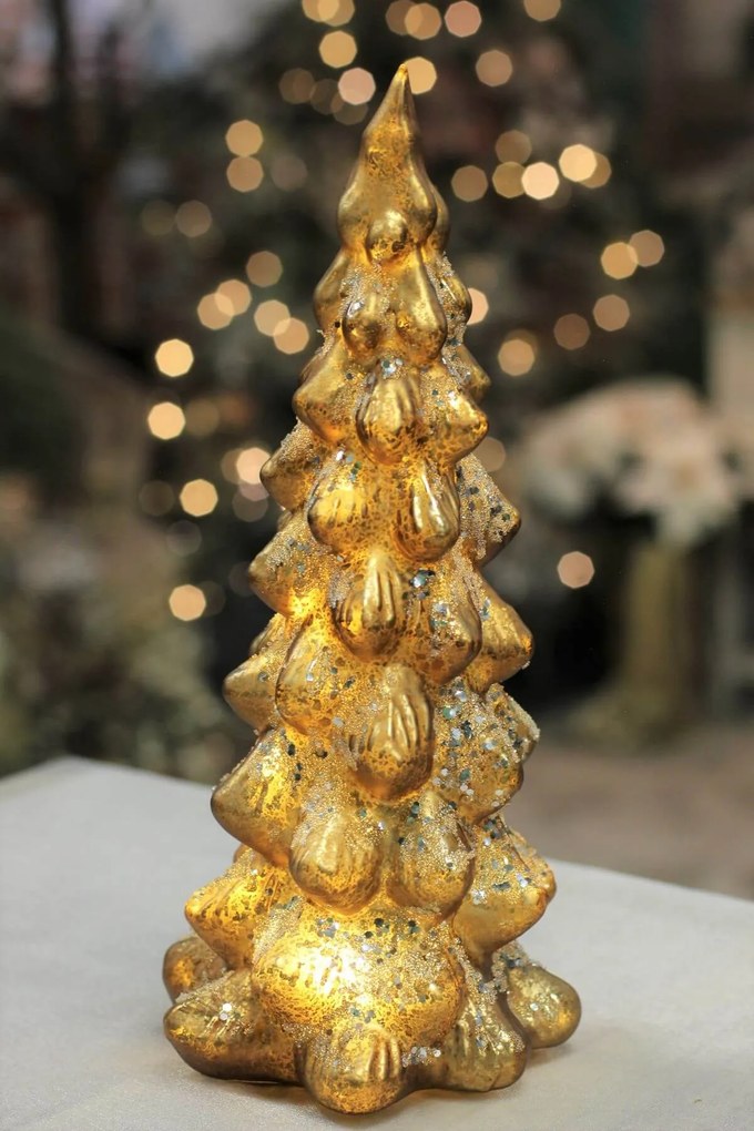 Zlatý svietiaci vianočný stromček sklenený 30cm