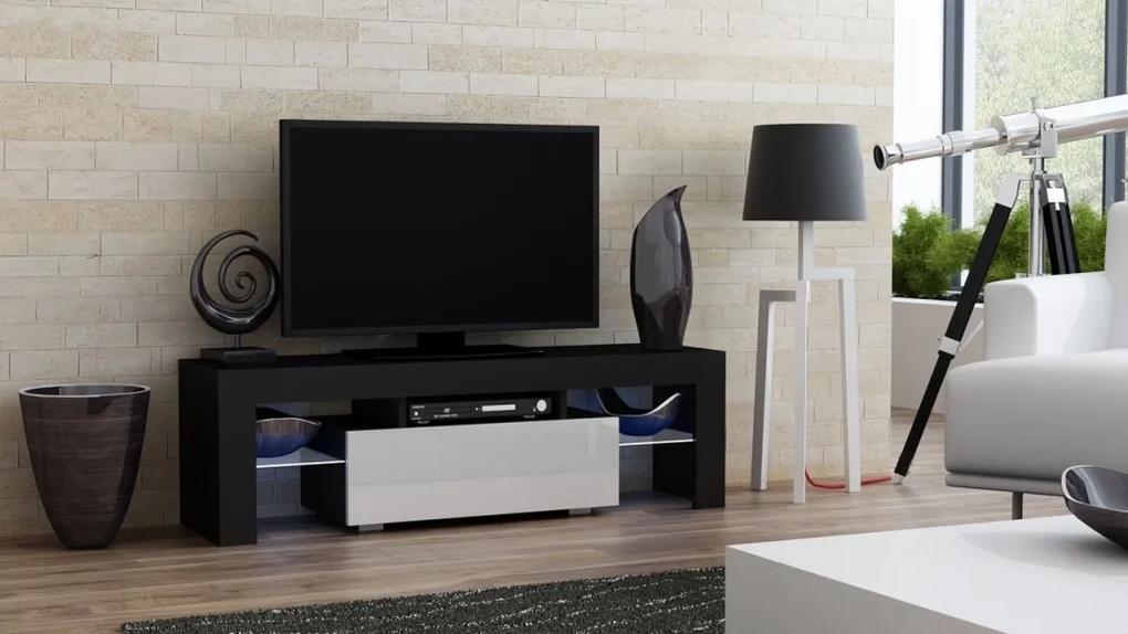 Mazzoni TV stolík MILANO lesklý 130 LED čierna, biela zásuvka