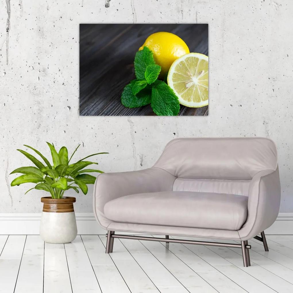 Sklenený obraz citrónov a mäty na stole (70x50 cm)