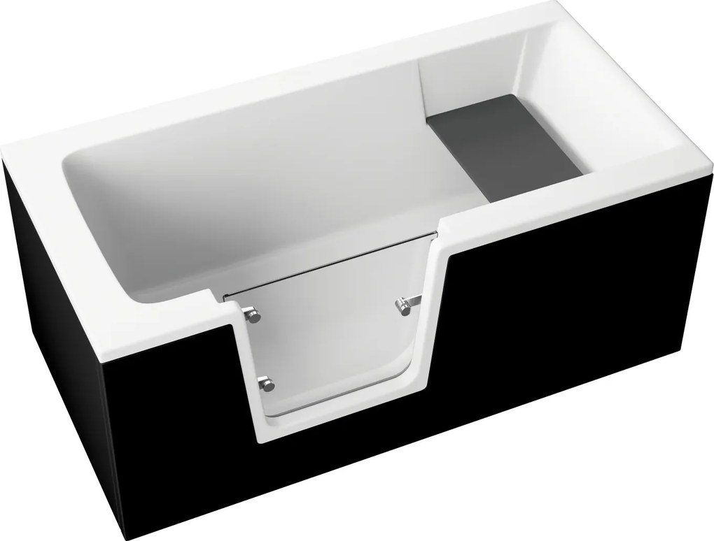 Vaňa s dvierkami Polimat VOVO 140x70 s čiernym čelným krycím panelom + vaňový sifón automat s prepadom VABPS-ZU 70
