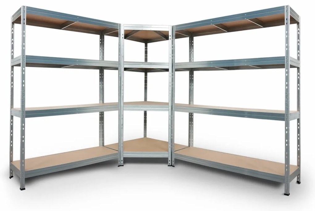 Bezskrutkový kovový regál RIVET CORNER PACK 180x210x240x45 cm, 4x HDF polica, zinok