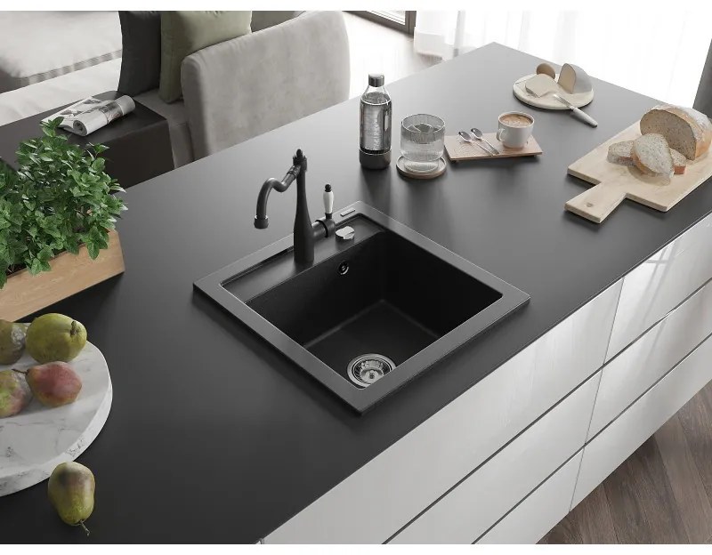 Mexen Vito, granitový drez 490x520x210 mm, 1-komorový a drezová batéria Carla, čierna-strieborná metalíza, 6503-73-670700-70