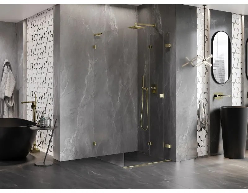 Mexen Lunar-F L, 1-krídlový sprchový kút so skladacími dverami, pravý, 100 x 100 cm, 8mm číre sklo, zlatý lesklý profil, 836L-100-100-50-00-P