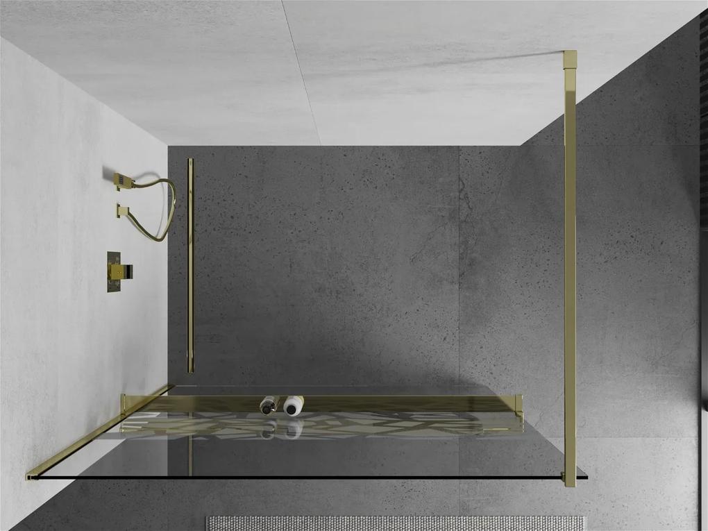 Mexen Kioto+, sprchová zástena s poličkou a držiakom na uteráky 80 x 200 cm, 8mm číre sklo vzor biely, zlatý profil 800-080-121-50-85