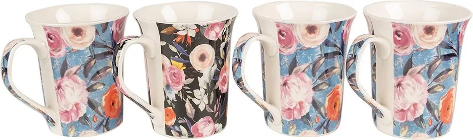 Sada 4ks modrý a čierny porcelánový hrnček s kvetmi - 12* 8*10 cm / 300 ml