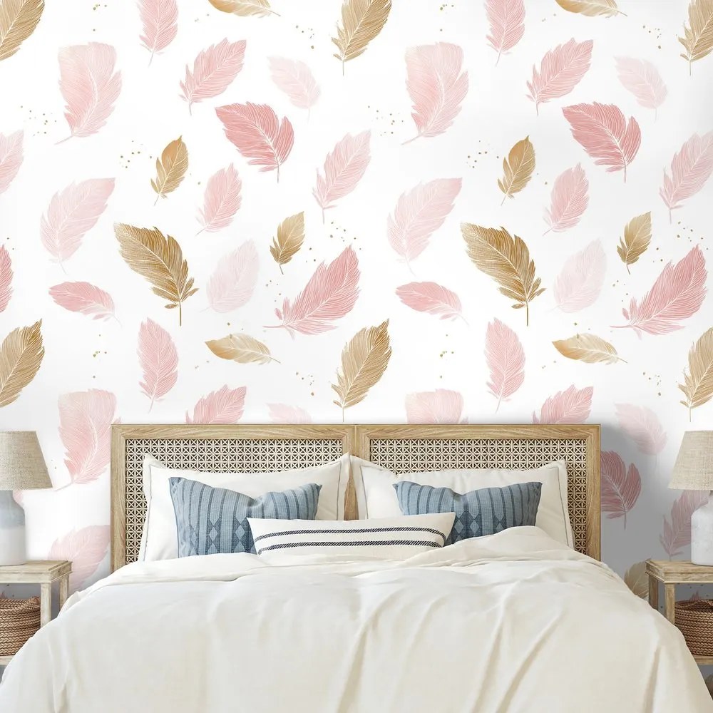 Samolepiaca tapeta ružovo-zlaté jemné pierka