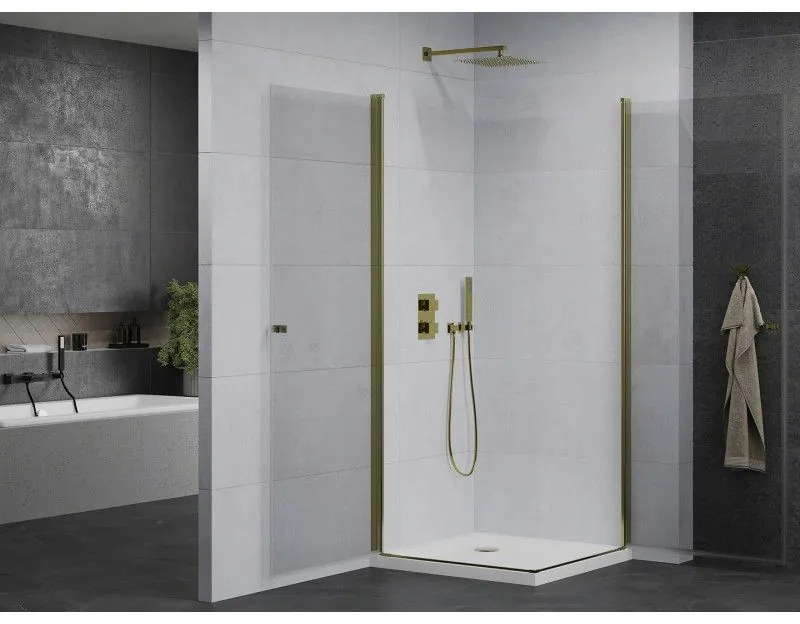 Mexen Pretoria Duo, sprchovací kút s 2-krídlovými dverami 70 (dvere) x 70 (dvere) cm, 6mm číre sklo, zlatý profil + slim sprchová vanička 5cm biela so zlatým sifónom, 852-070-070-50-02-4010G