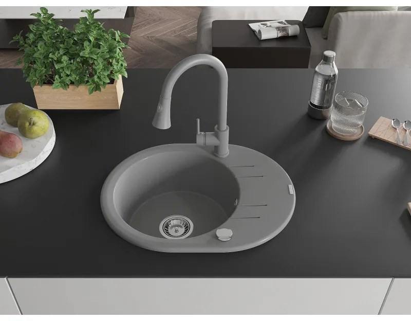 Mexen Kevin, 1-komorový granitový drez 586x458x190 mm a drezová batéria Elia, šedá, 6517-71-670101-71
