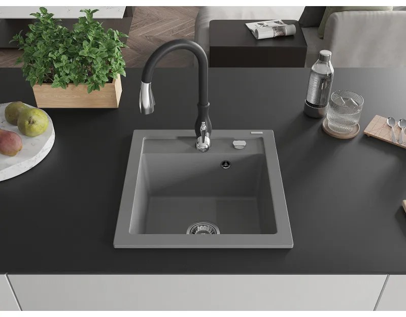 Mexen Vito, 1-komorový granitový drez 520x490x210 mm a drezová batéria Savita, šedá, 6503-71-672601-70