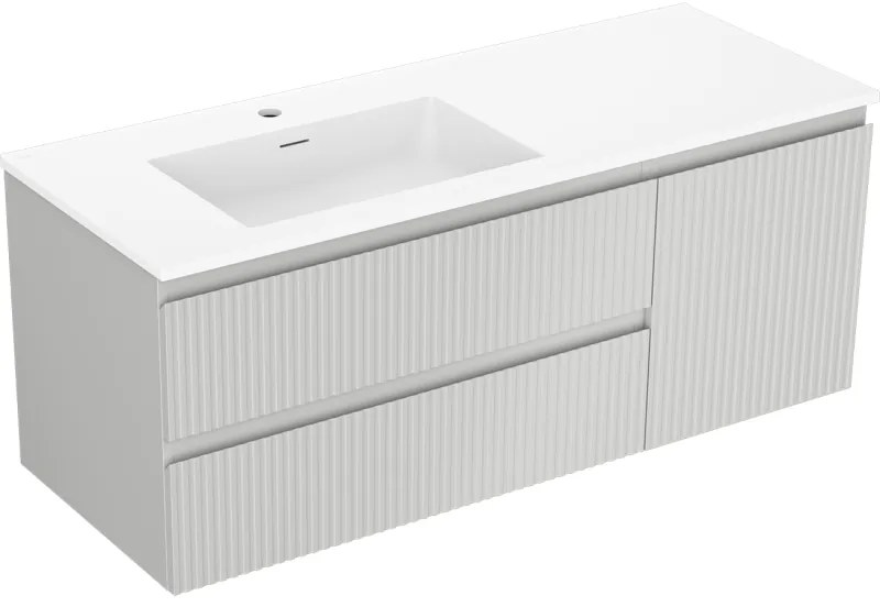 Mexen Rivel, kúpeľňová skrinka 120 cm s ľavým umývadlom Otis, 2S, 1D, drážkovaná, sivá matná/biela matná - 91A23-12047-3-BBFFF62-W18L01