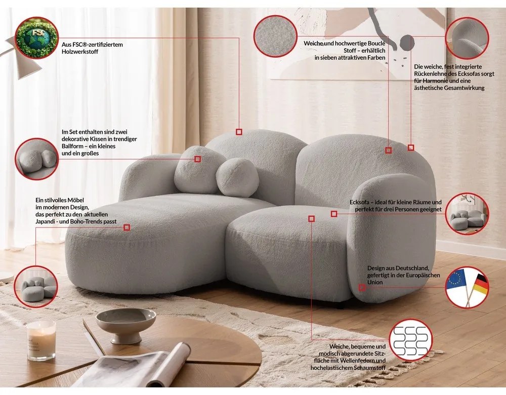 Sivá rohová pohovka z textílie buklé (ľavý roh/s leňoškou) Orbit – Ropez