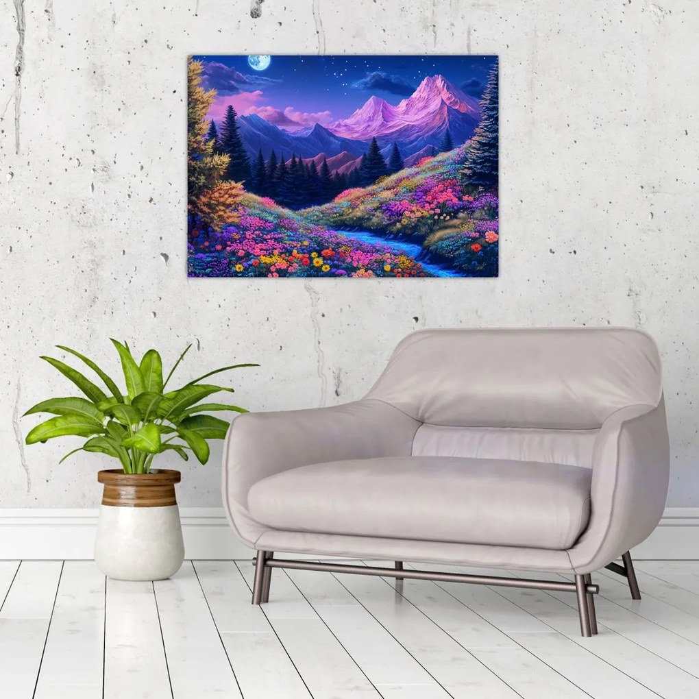 Obraz - Fialová krajina pri úplnku (70x50 cm)