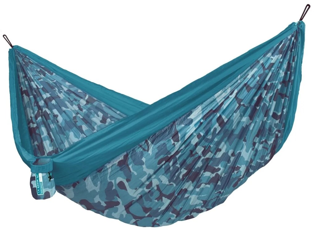 La Siesta COLIBRI 3.0 CAMO DOUBLE - cestovná hojdacia sieť s jednoduchým závesným systémom, 100% polyamid / laná: 100% polyester / hák: letecký hliník