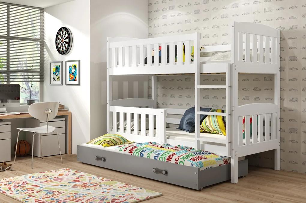 Detská poschodová posteľ KUBUŠ 3 s prístelkou | biela Farba: biela / sivá, Rozmer.: 200 x 90 cm