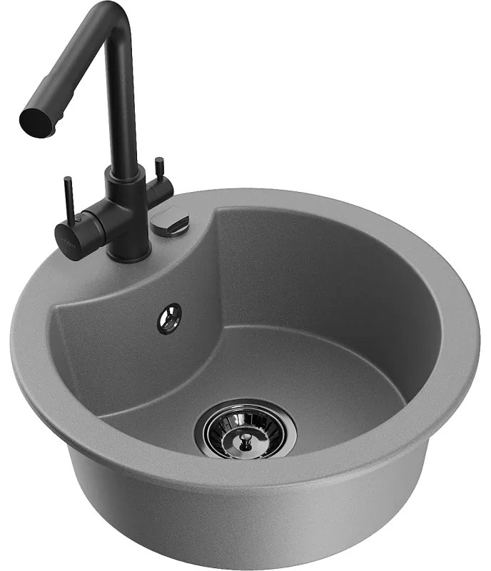 Mexen Diego, 1-komorový granitový drez 488x488x167 mm, čierna batéria Duero, šedá, 6512-71-671600-70-B