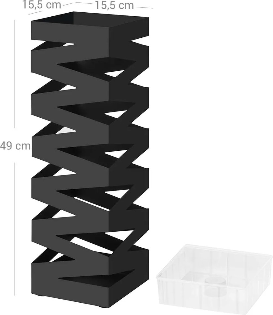 Kovový držiak na dáždniky, štvorcový, s háčikmi a odkvapkávačom, čierny