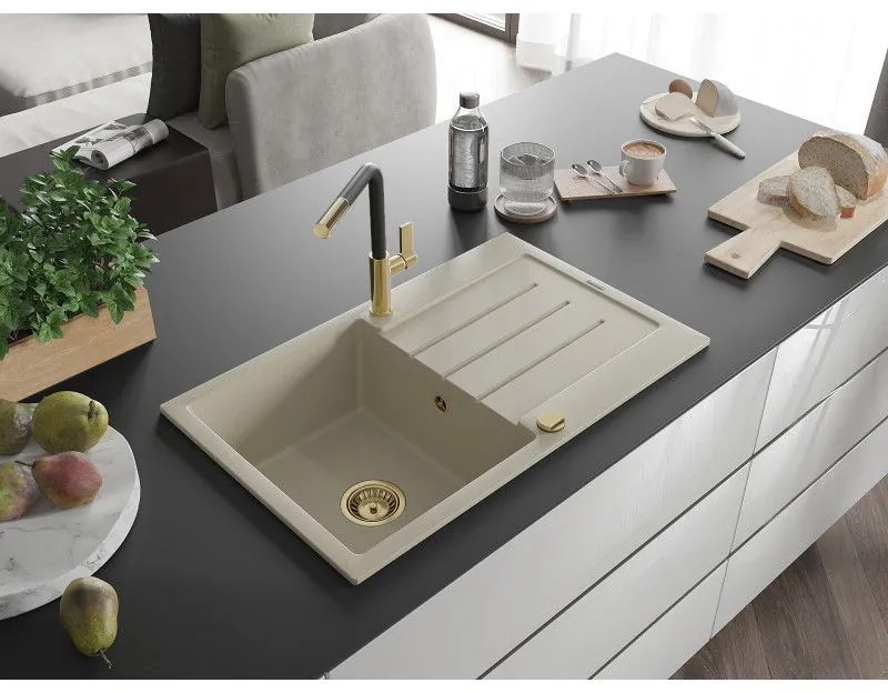 Mexen Bruno, 1-komorový granitový drez 795x495x200 mm a drezová batéria Flora, béžová, 6513-69-670401-57-G