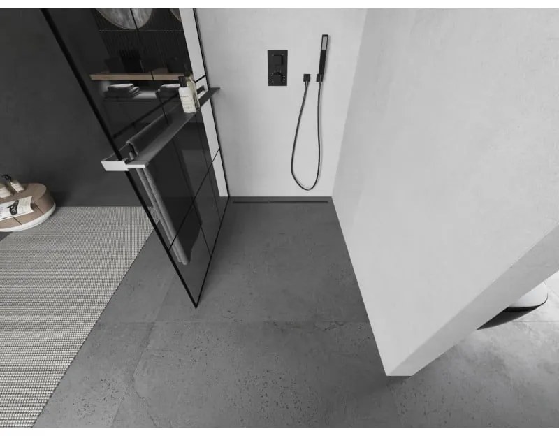 Mexen Kioto+ L, sprchová zástena Walk-In s poličkou a vešiakom 100 x 200 cm, 8mm číre sklo čierny vzor, grafitový profil, 800-100-123-95-77