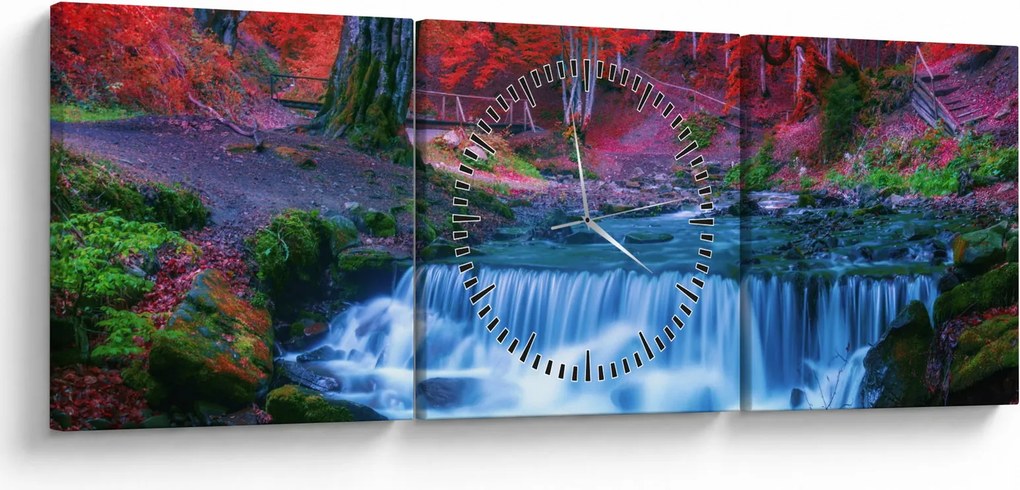 Obraz vodopádu v červenom lese (s hodinami) (90x30 cm)