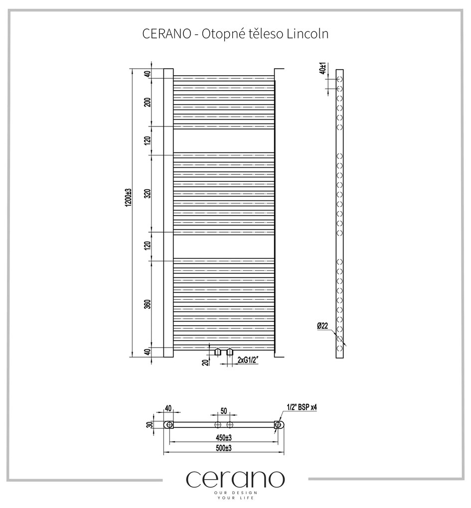Cerano Lincoln, vykurovacie teleso 1200x500mm, 366W, rozteč pripojenia D5/450 mm, biela matná, CER-CER-429580