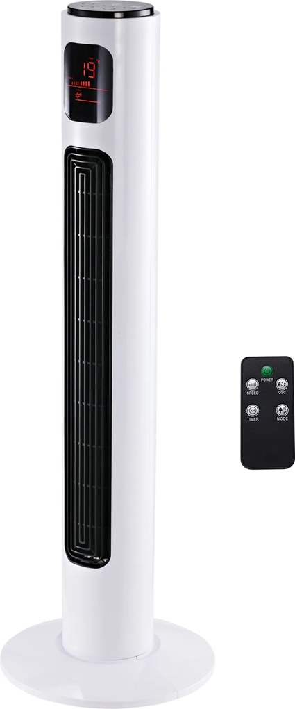 HOMCOM Stolný Ventilátor s Diaľkovým Ovládaním, 70° Oscilácia, 96 cm Stojaci Ventilátor, 45 W, 3 Režimy, Časovač, Biela+Čierna | Aosom