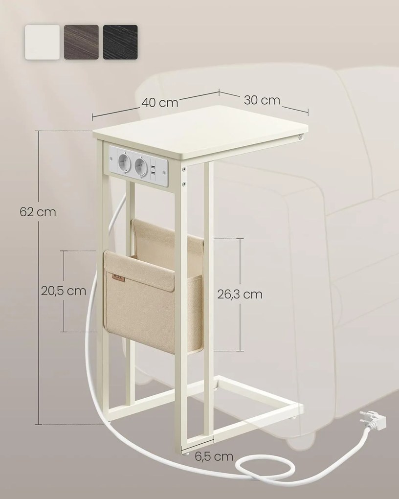Odkládací stolek Vasagle Pama se zásuvkou a USB porty krémový
