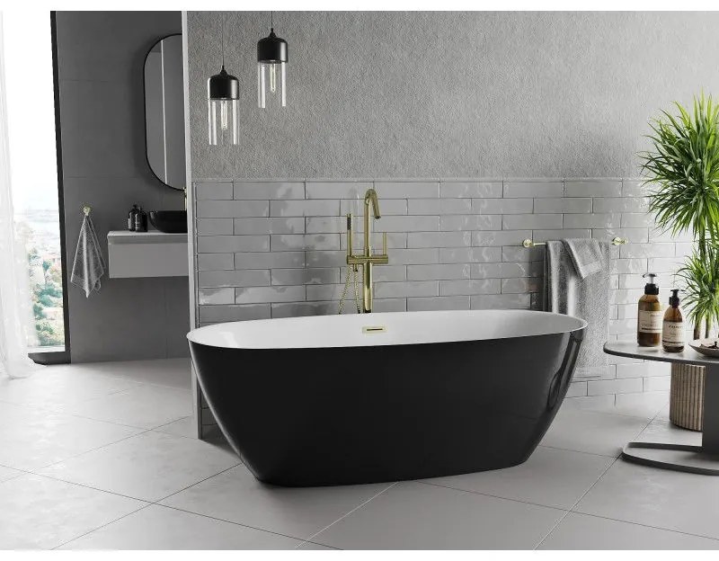 Mexen Luvo Slim, voľne stojaca vaňa 170 × 75 cm, biela-čierna, zlatý matný prepad, 52801707575-55