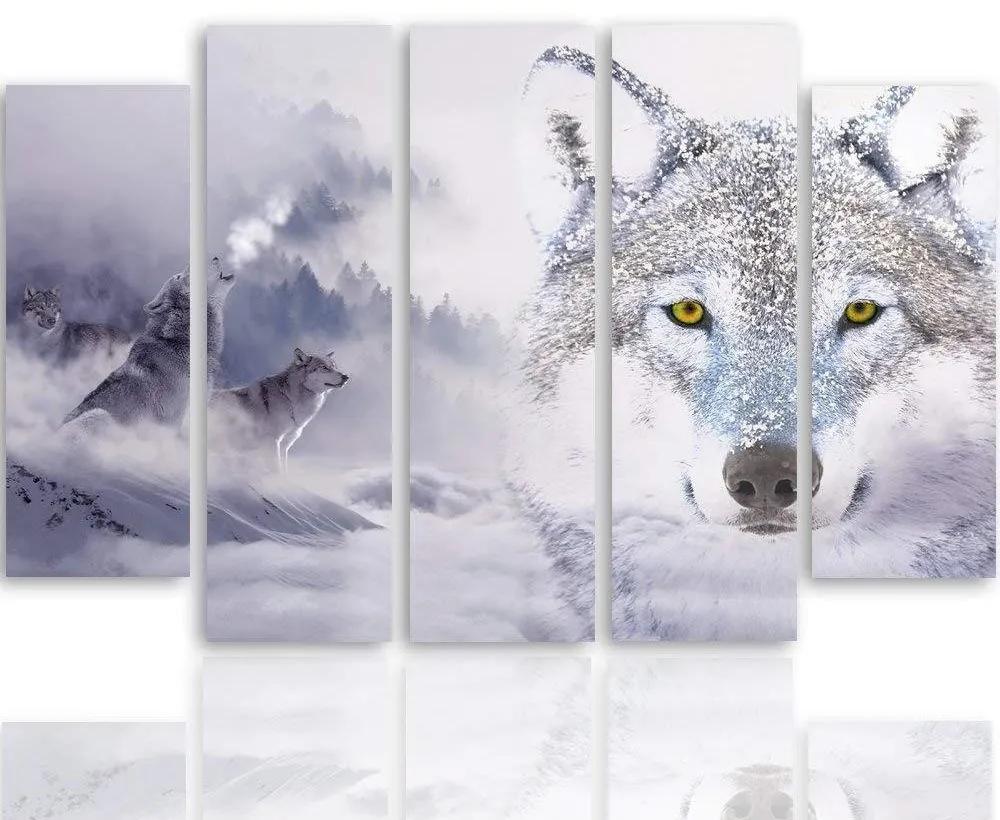 Obraz na plátně pětidílný Wolf Fog Forest Grey - 200x100 cm