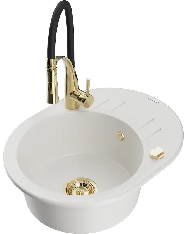 Mexen Kevin, 1-komorový granitový drez 586x458x190 mm a drezová batéria Aster, biela, 6517-20-73450-57-G