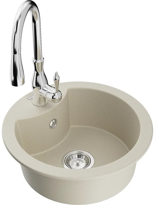 Mexen Diego, 1-komorový granitový drez 488x488x167 mm a drezová batéria Savita, béžová, 6512-69-672601-00