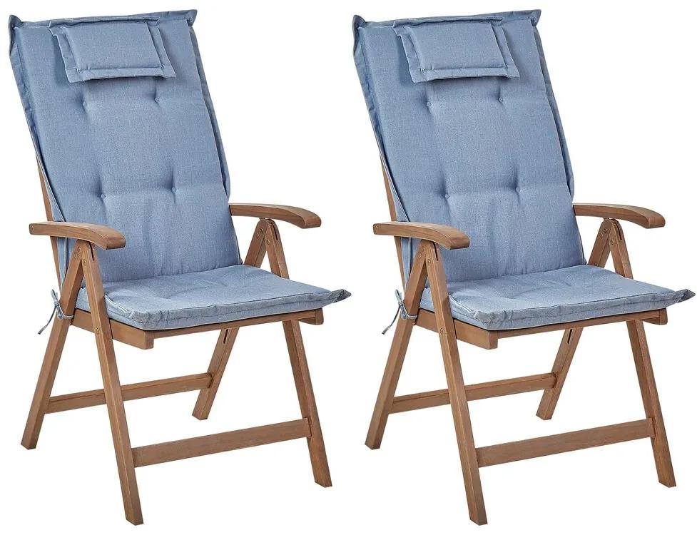 Sada 2 záhradných skladacích stoličiek z tmavého akáciového dreva s modrými vankúšmi AMANTEA Beliani
