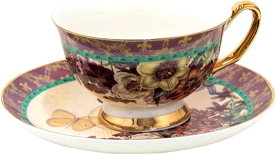 Porcelánová šálka s tanierikom s kvetmi a motýlikami - 12*10*6 cm / Ø 15*2 cm / 200 ml / Ř 15*2 cm / 200 ml