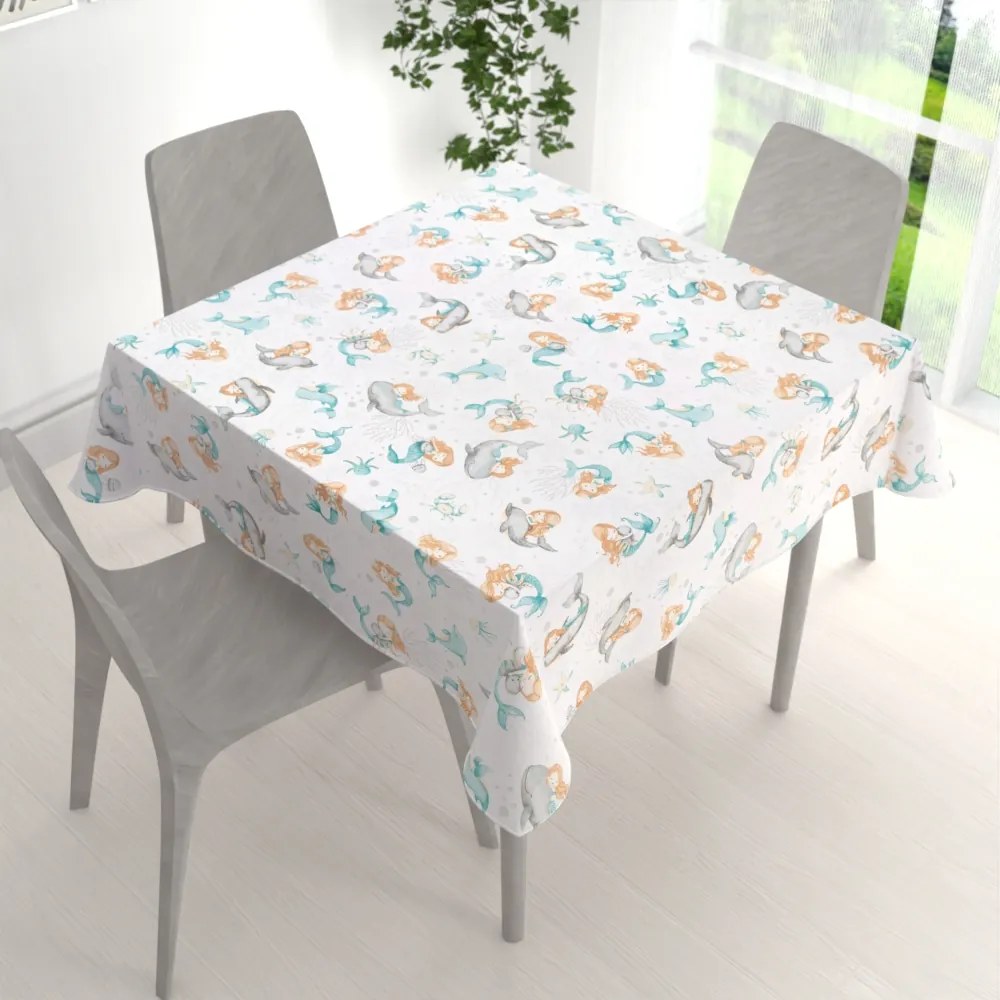 Biante Detský bavlnený štvorcový obrus Sandra SA-691 Modrozelené morské panny s delfínmi a veľrybami na bielom 130x130 cm