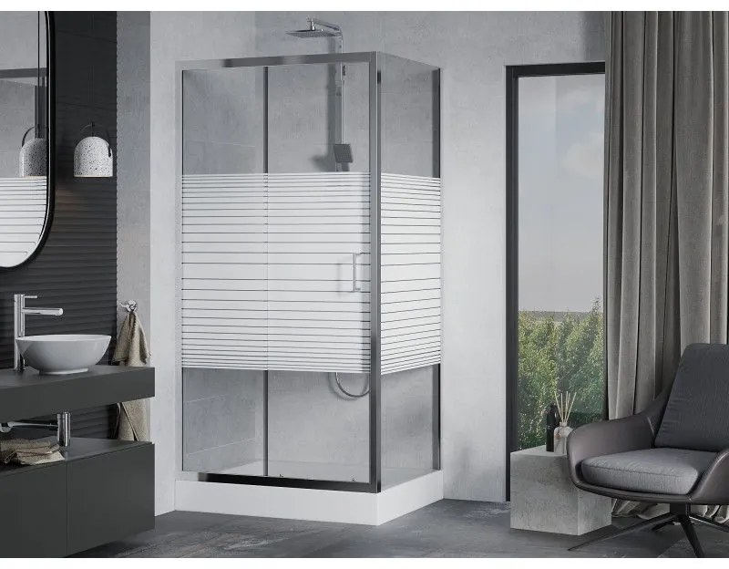 Mexen Apia, sprchový kút s posuvnými dverami 120 (dvere) x 90 (stena) cm, 6mm číre sklo s pásikmi, chrómový profil + biela sprchová vanička RIO s chrómovým sifónom, 840-120-090-01-20-4510