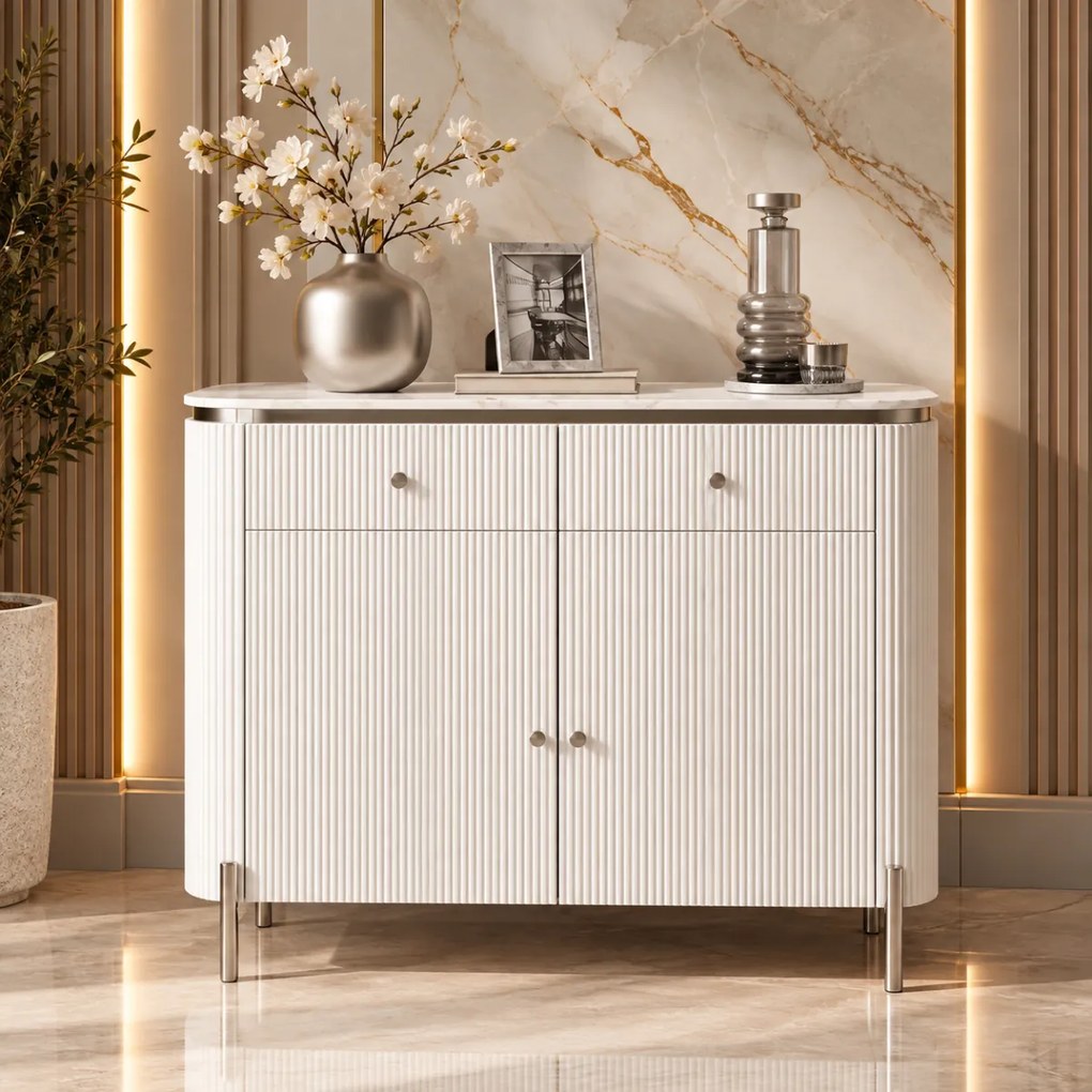 KOMODA GASTON II STRIEBORNÉ NOHY + BIELA + MRAMOR 120 cm