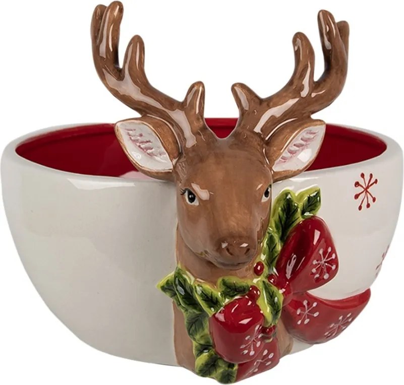 Dekoratívna bieločervená keramická miska s jeleňom Deer - 21*16*7 / 14 cm / 700 ml
