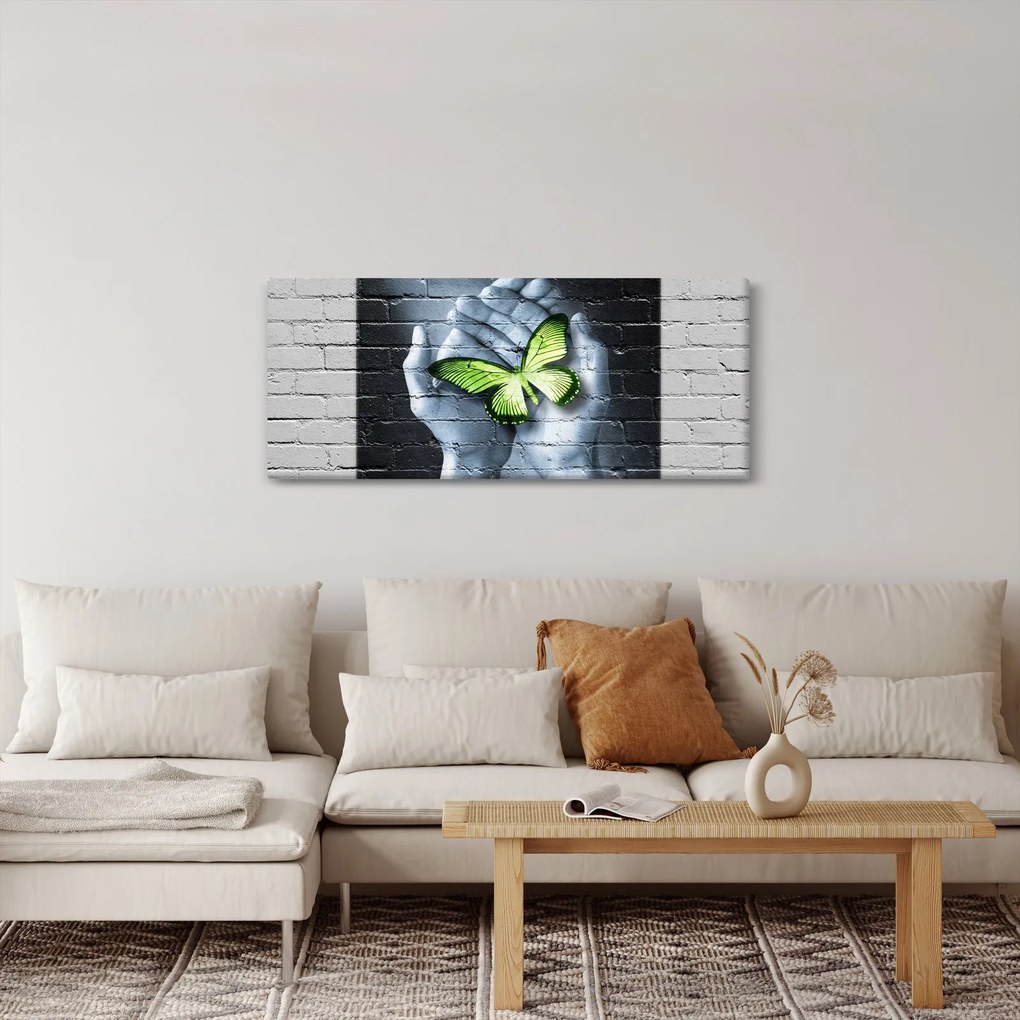 Obraz - Zelený motýľ v stene (120x50 cm)
