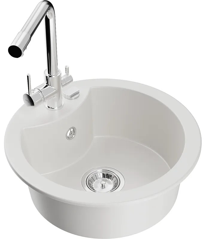 Mexen Diego, 1-komorový granitový drez 488x488x167 mm, chrómová batéria Duero, biela, 6512-20-671600-00