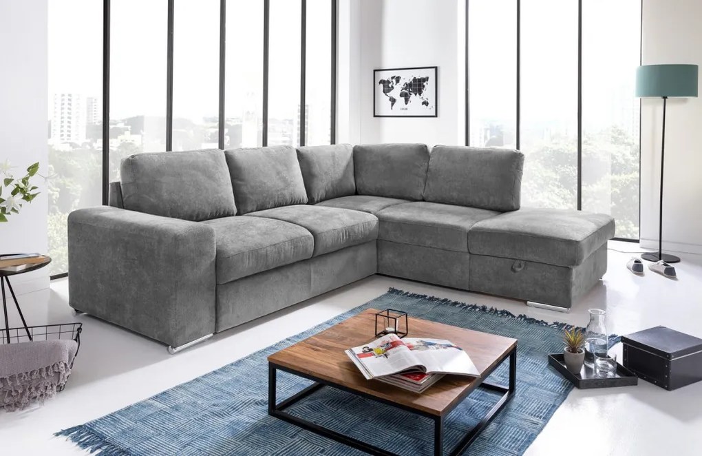 Rohová sedacia súprava Eddi, stredne šedá látka, pravý roh