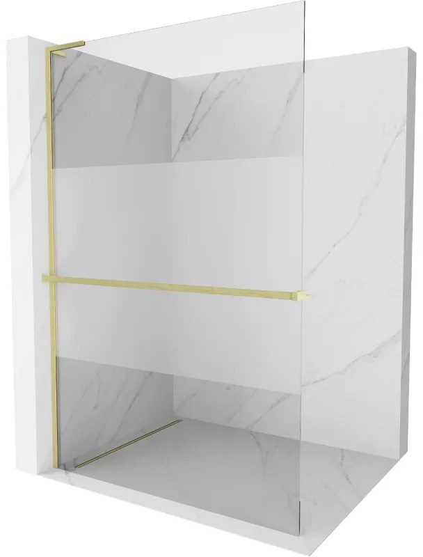 Mexen Kioto+ L, sprchová zástena Walk-In s poličkou a vešiakom 70 x 200 cm, 8mm číre sklo-námraza, zlatý matný profil, 800-070-123-55-35