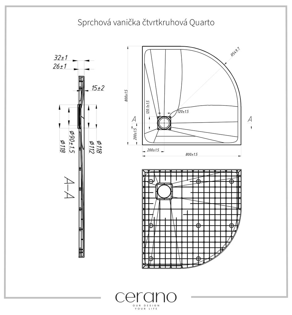 Cerano Quarto, štvrťkruhová sprchová vanička 80x80x3 cm z minerálneho kompozitu, čierna matná, CER-CER-414752