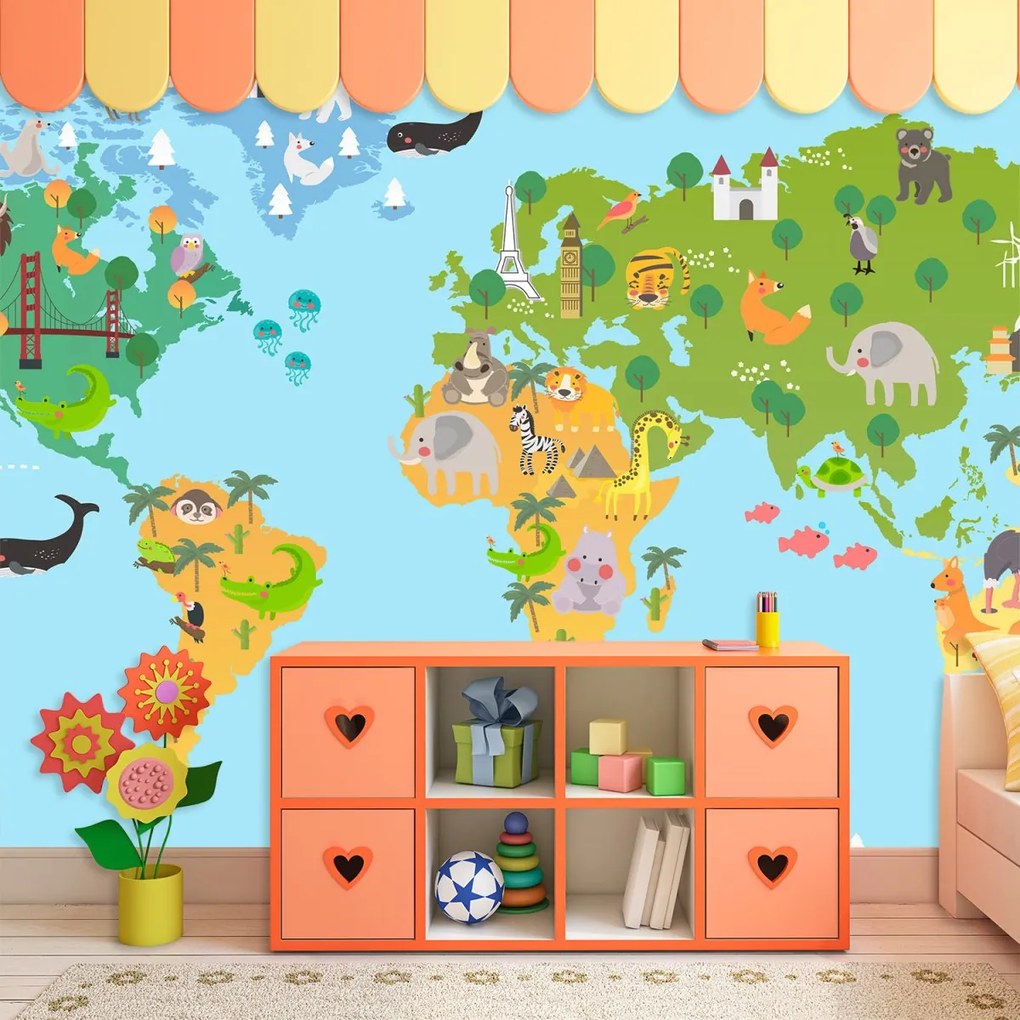 Sablio Tapeta Zvieracia mapa sveta - 336x220 cm